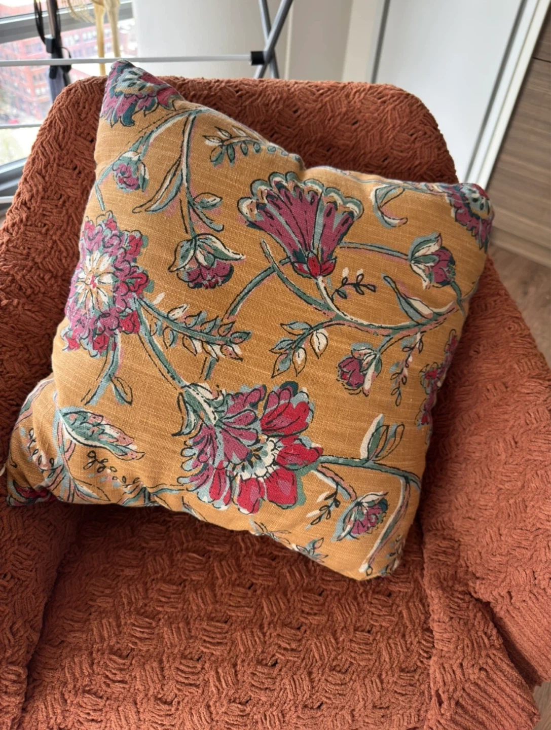Floral Throw Pillow - Mustard Yellow & Burgundy