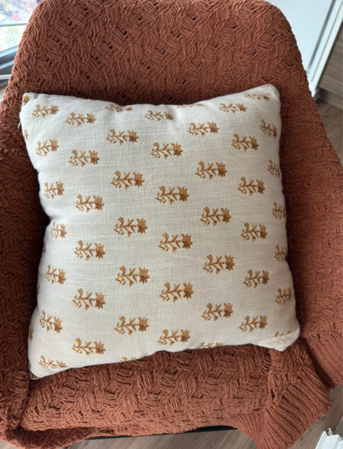 Floral Throw Pillow - Mustard Yellow & Burgundy - photo 3