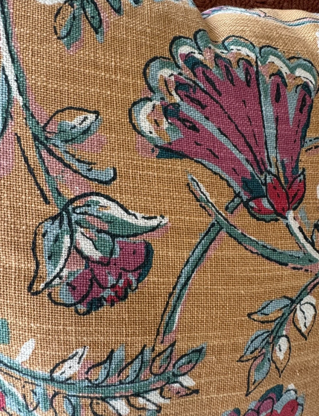 Floral Throw Pillow - Mustard Yellow & Burgundy - photo 2