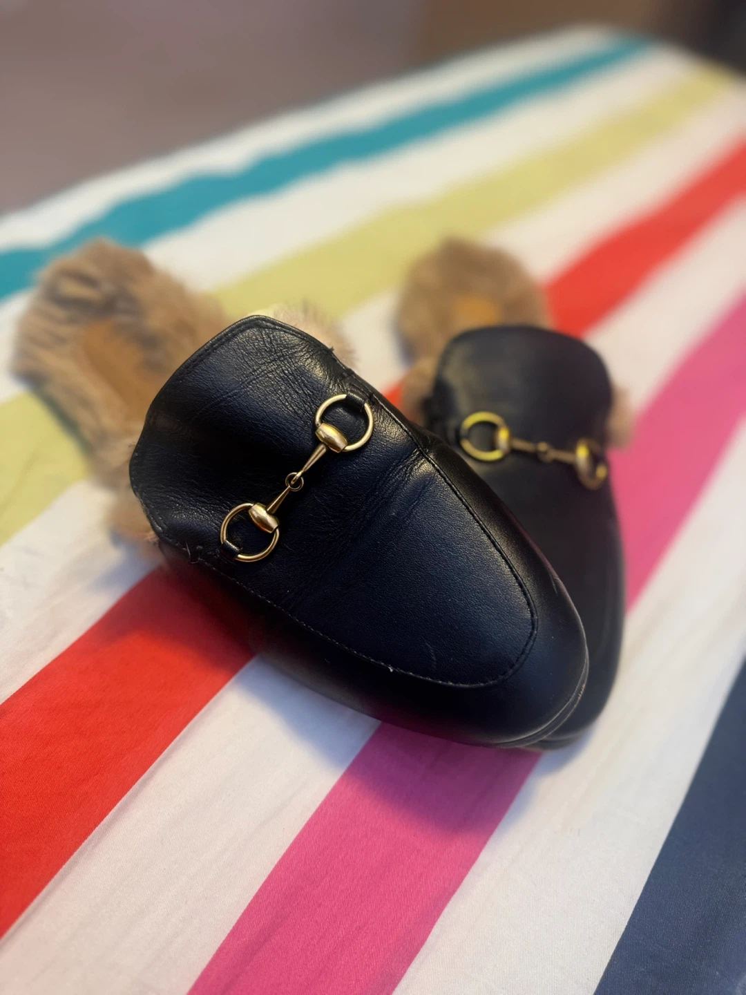 Gucci Black Leather Fur Lined Mules Size 37