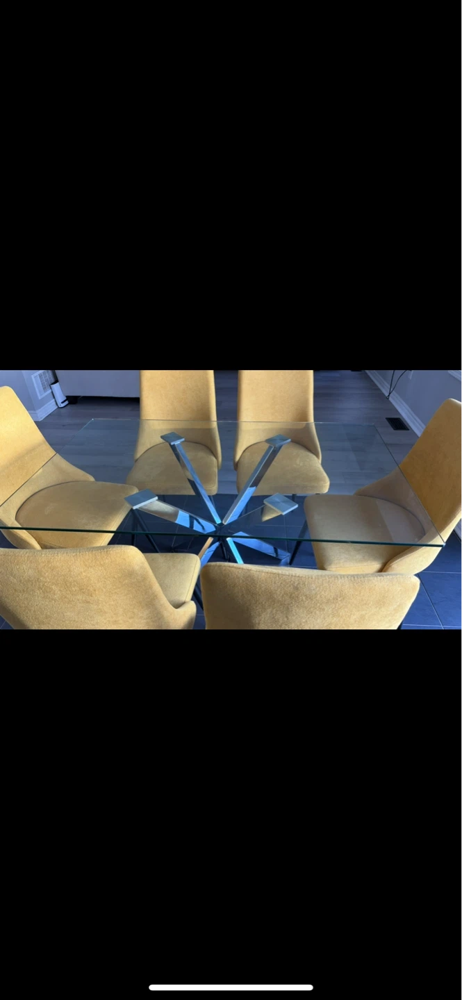 Glass Top Dining Table with 6 mustard Chairs