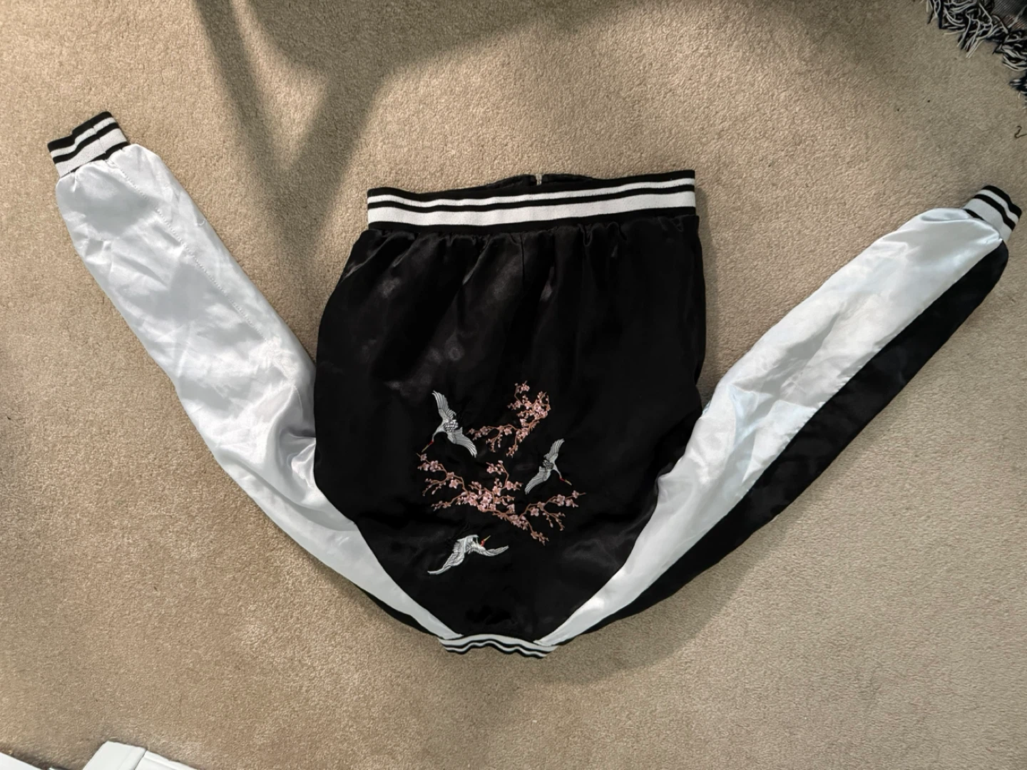 Black Satin Bomber Jacket with Crane Embroidery - photo 2