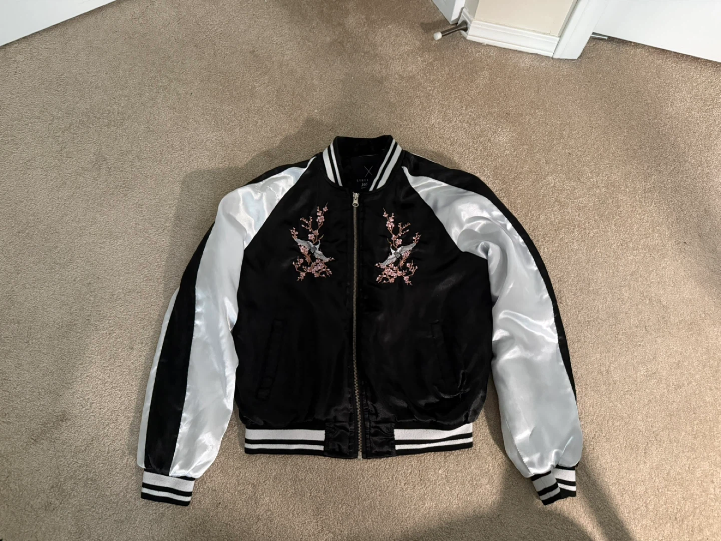 Black Satin Bomber Jacket with Crane Embroidery