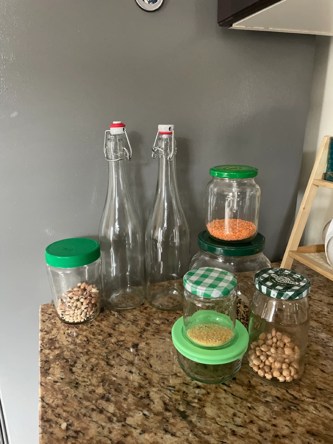 Set of glass jars and bottles for food storage