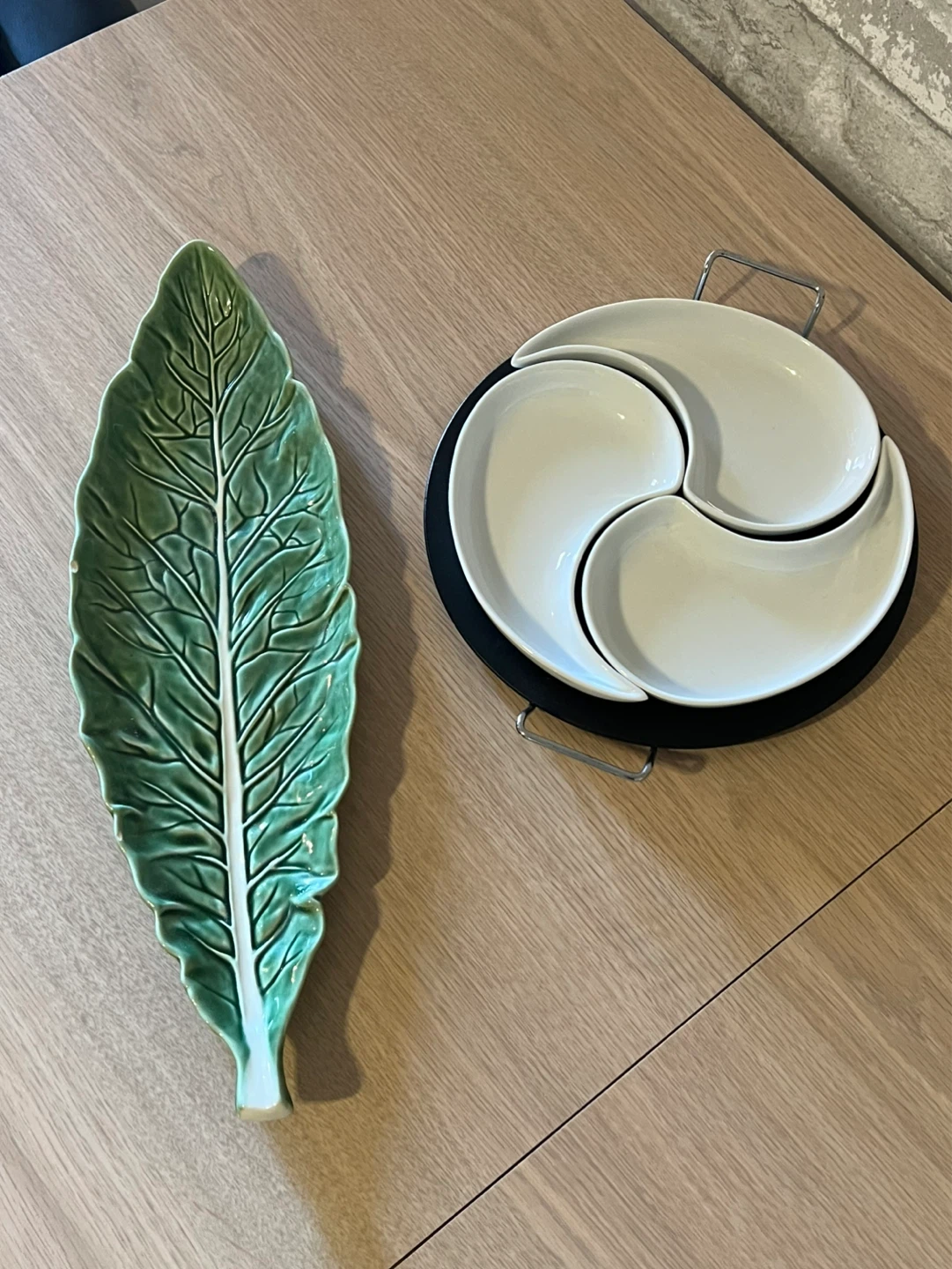 Leaf Shaped Serving Tray and 3-Section Snack Dish Set