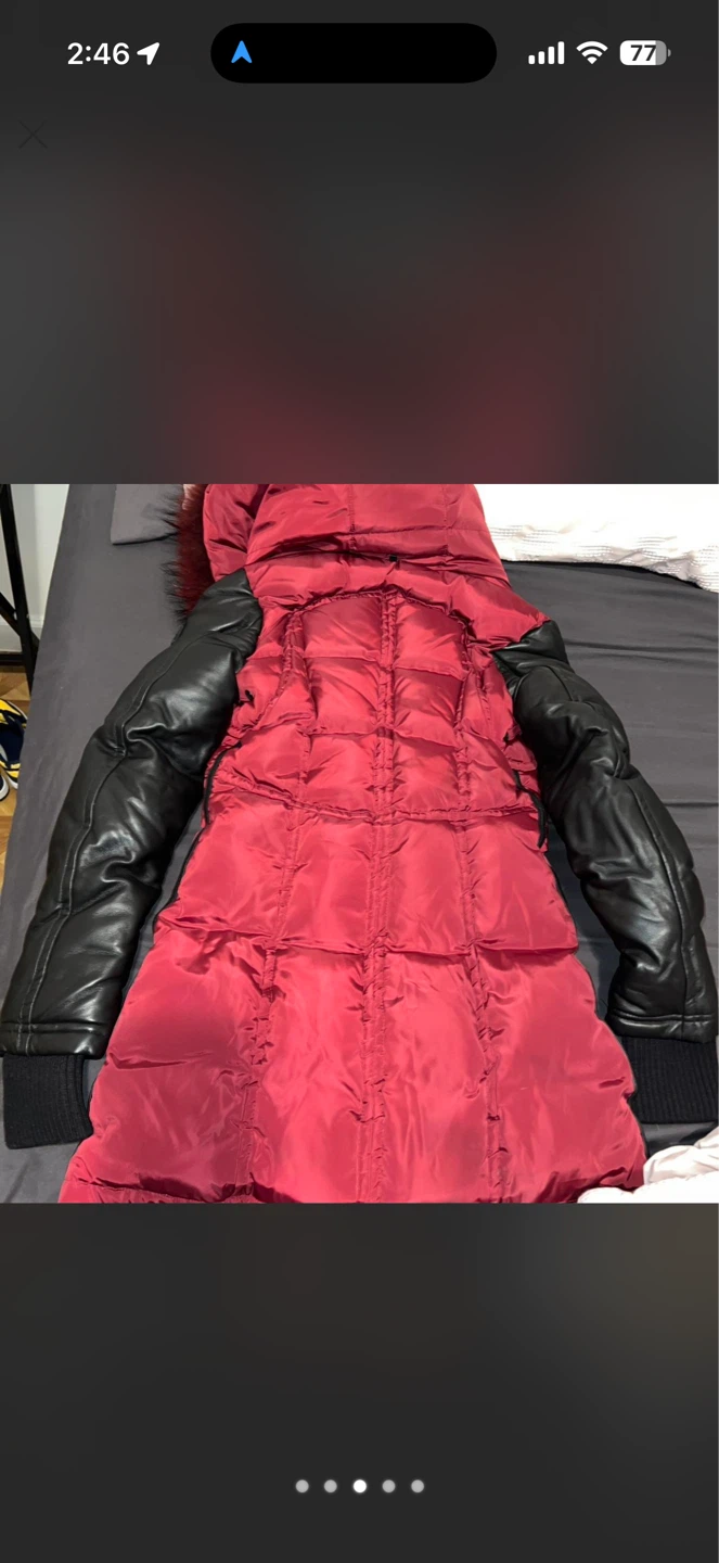DEJAVU Red Puffer Coat with Black Leather Sleeves and Fur Trim - photo 2