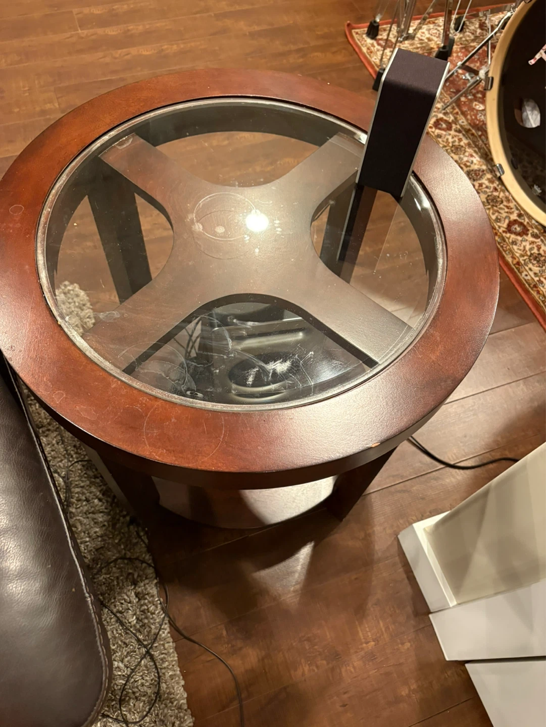 Round Wood Side Table with Glass Top