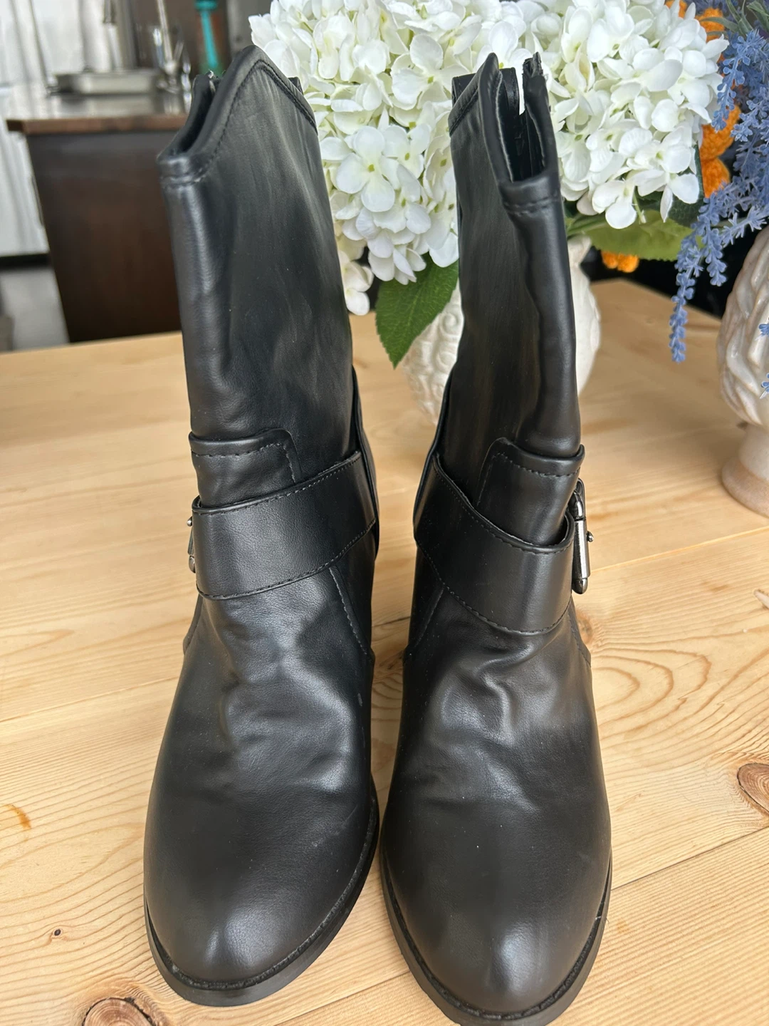 Black Faux Leather Ankle Boots with Buckle Detail