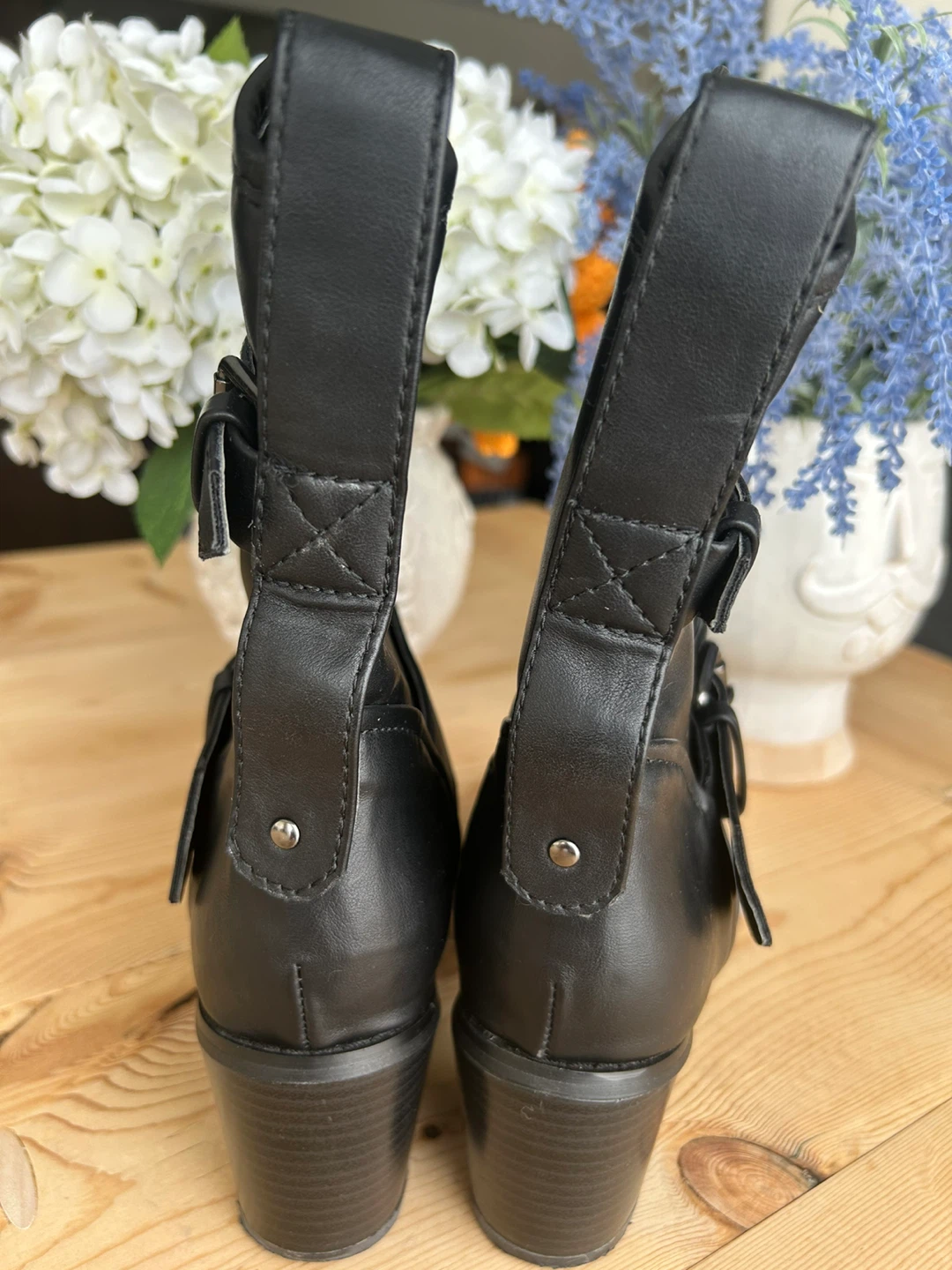 Black Faux Leather Ankle Boots with Buckle Detail - photo 4