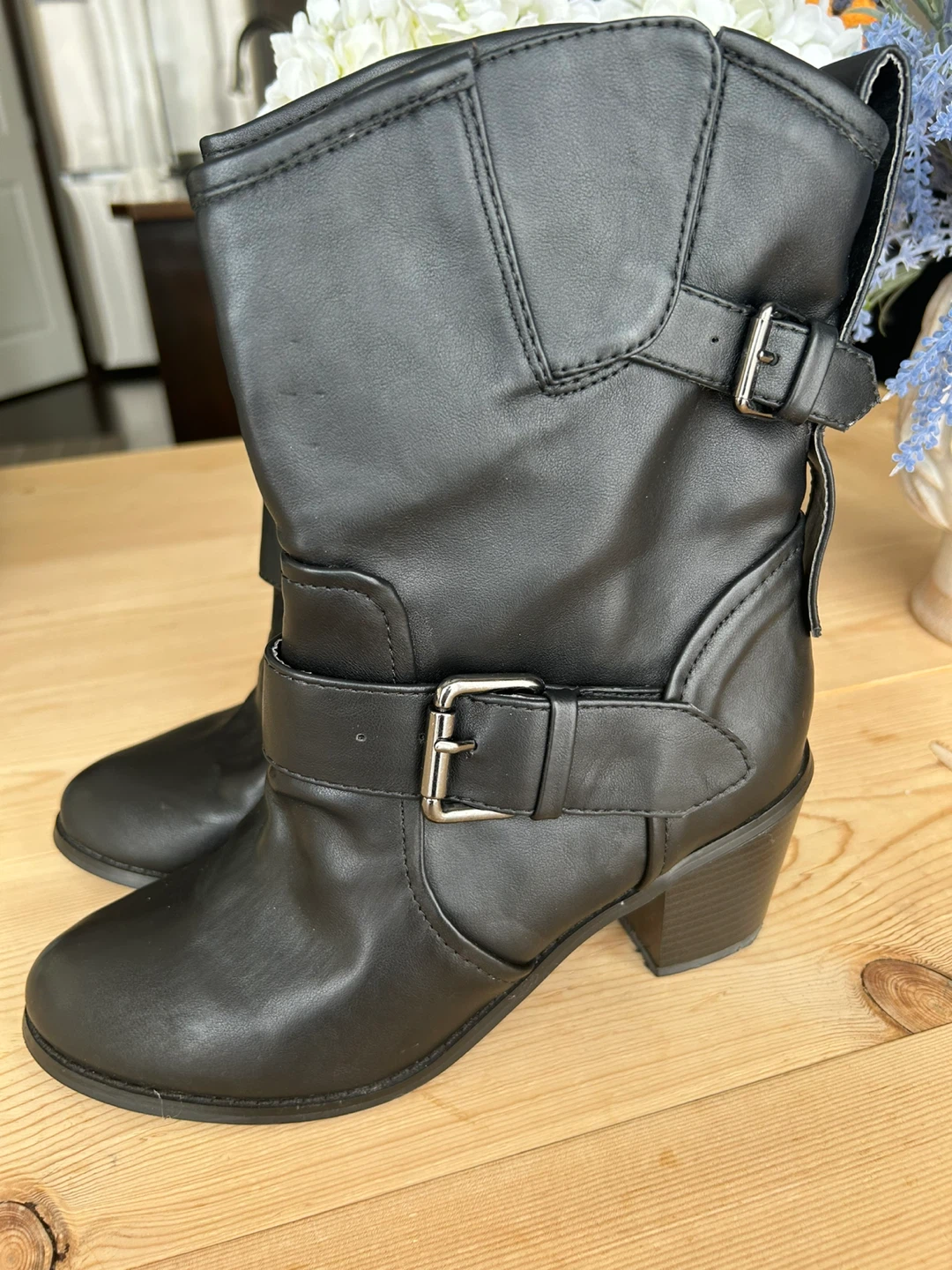 Black Faux Leather Ankle Boots with Buckle Detail - photo 2