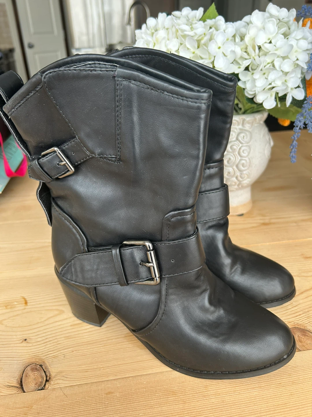 Black Faux Leather Ankle Boots with Buckle Detail - photo 3