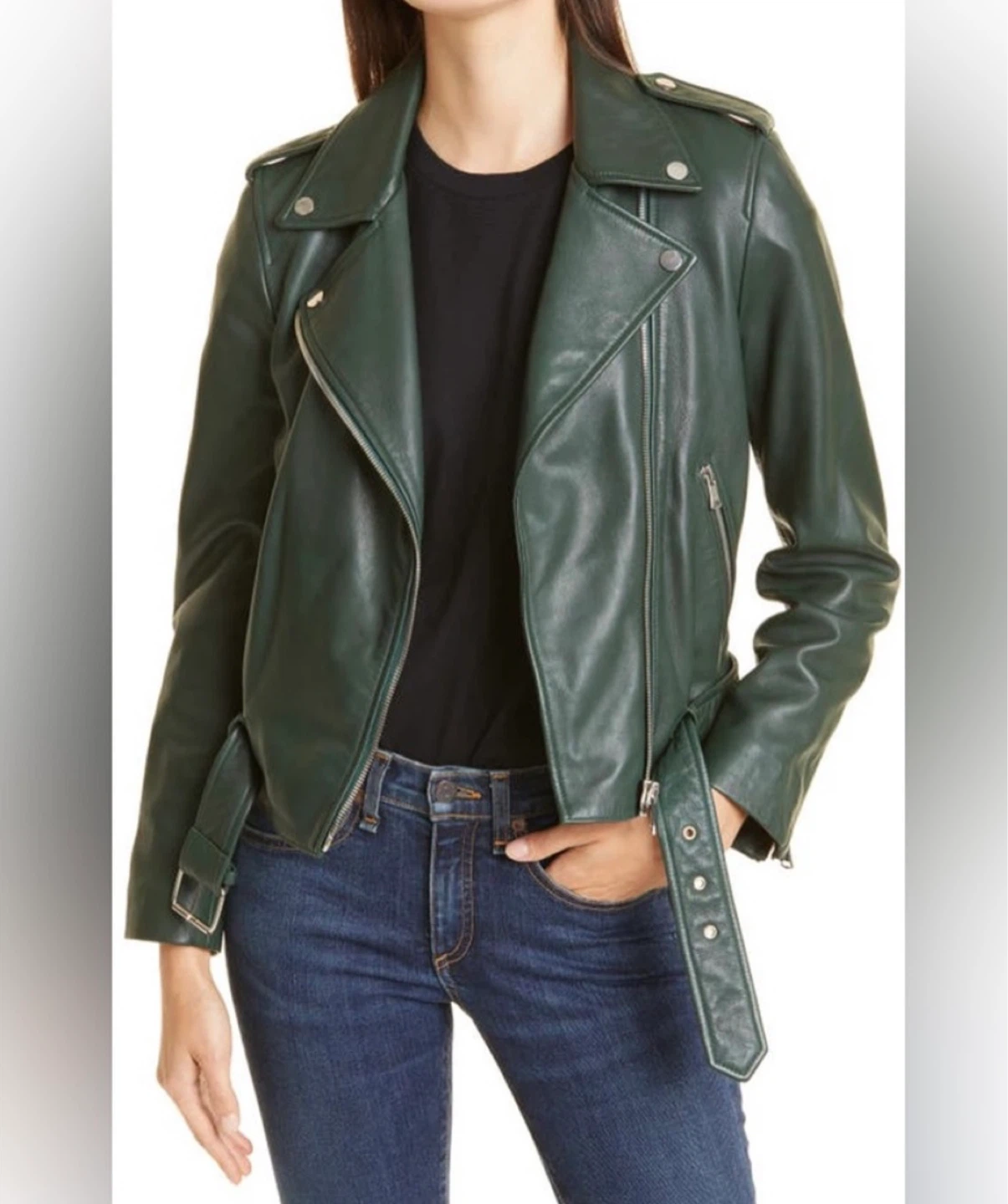 🌱 Glamorous UK Dark Green Faux Leather Biker Jacket size XL