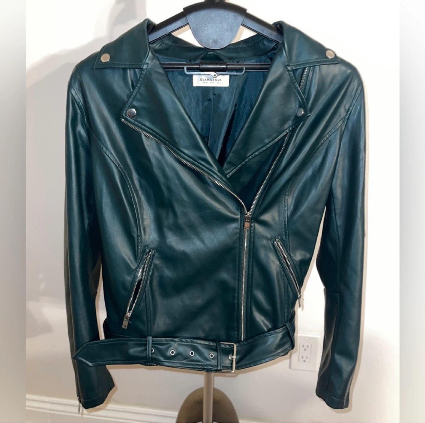🌱 Glamorous UK Dark Green Faux Leather Biker Jacket size XL - photo 3