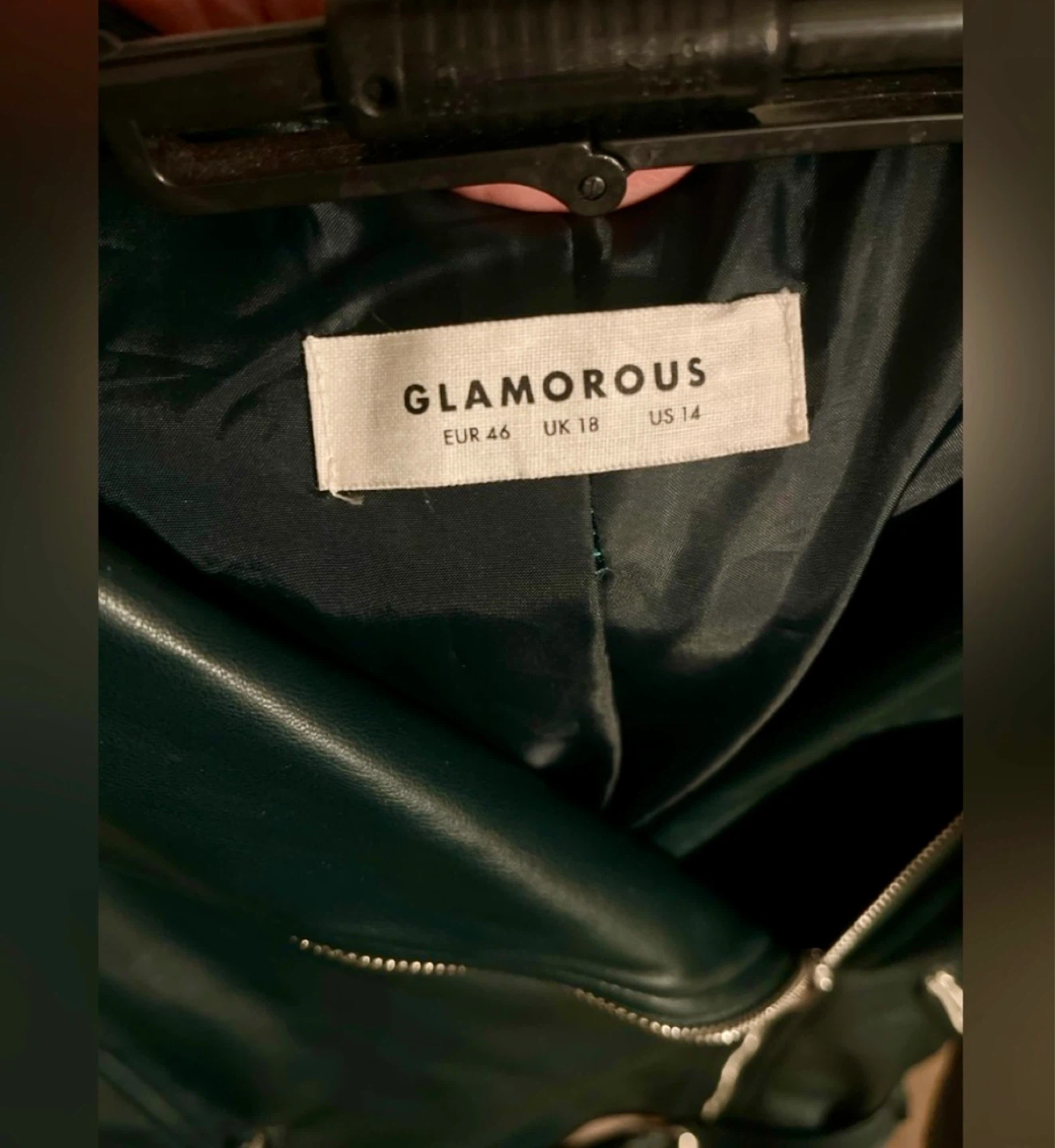 🌱 Glamorous UK Dark Green Faux Leather Biker Jacket size XL - photo 4