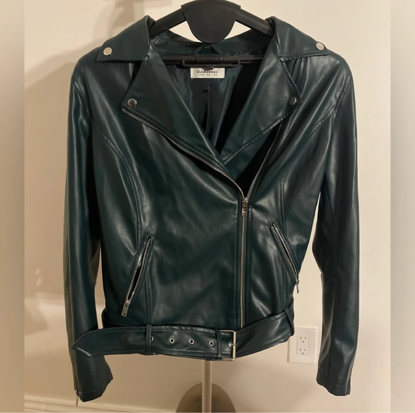 🌱 Glamorous UK Dark Green Faux Leather Biker Jacket size XL - photo 2