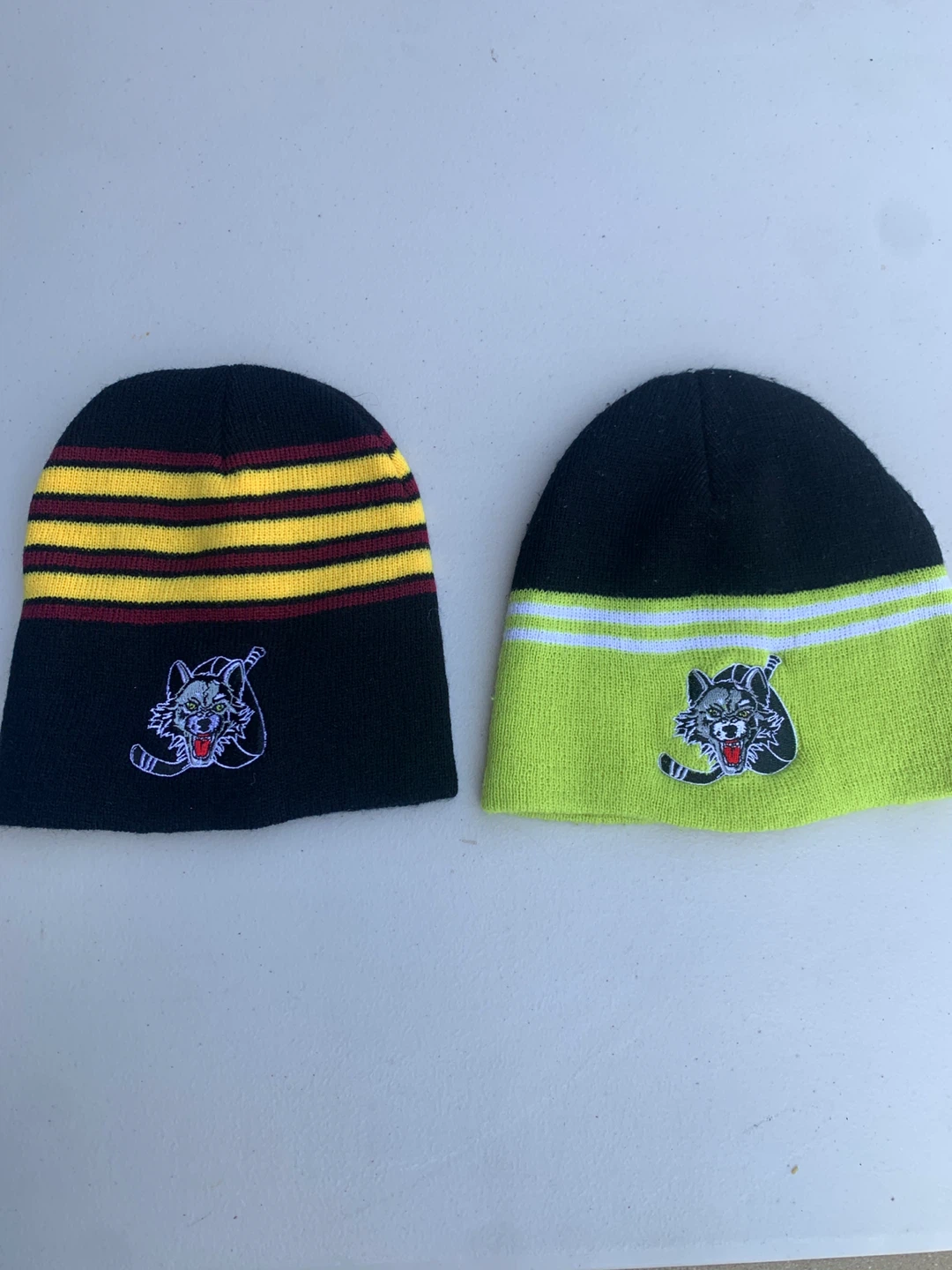 Two Knit Beanies with Wolf Hockey Patch