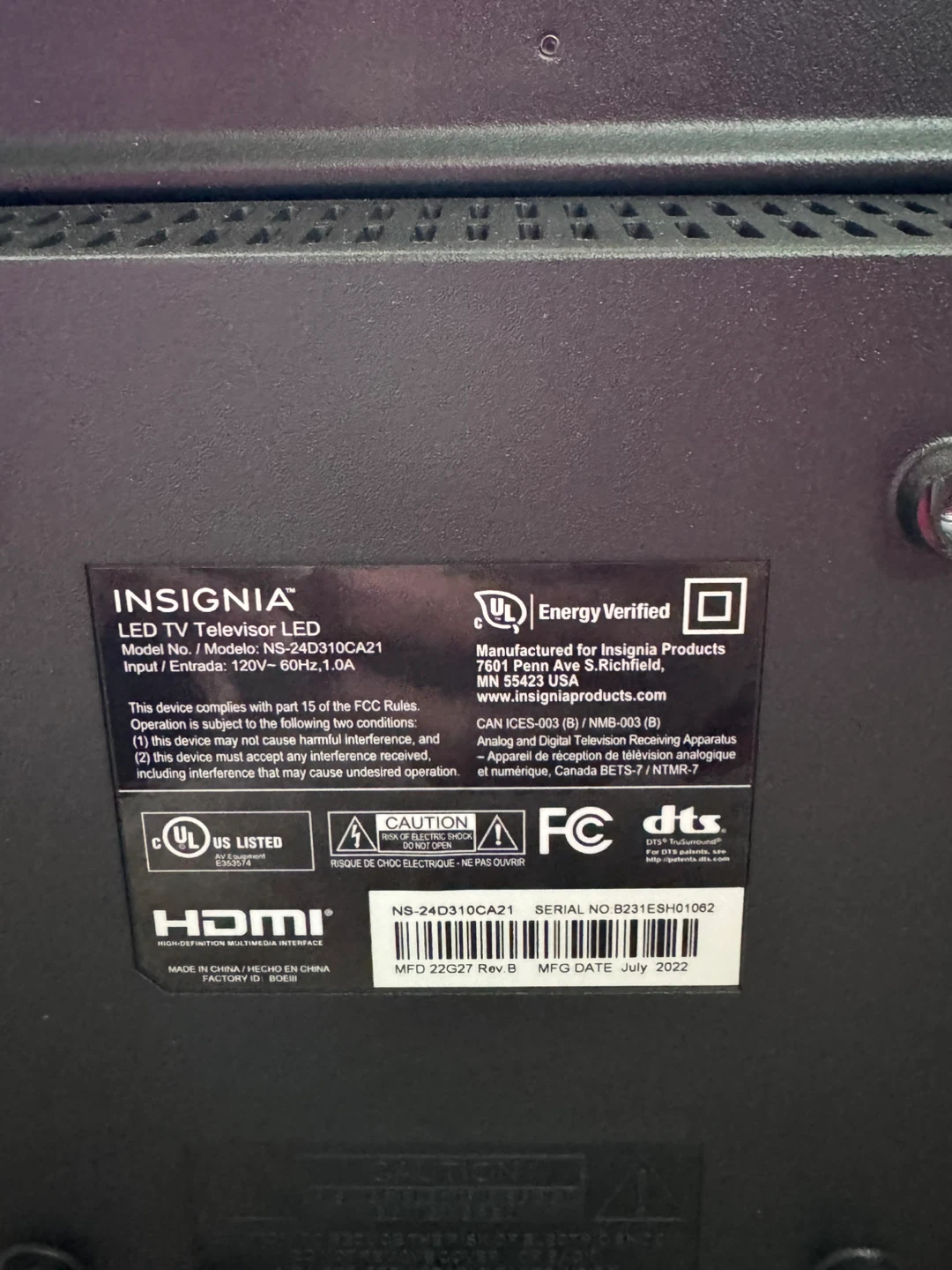 Insignia 24" LED TV NS-24D310CA21 - photo 5