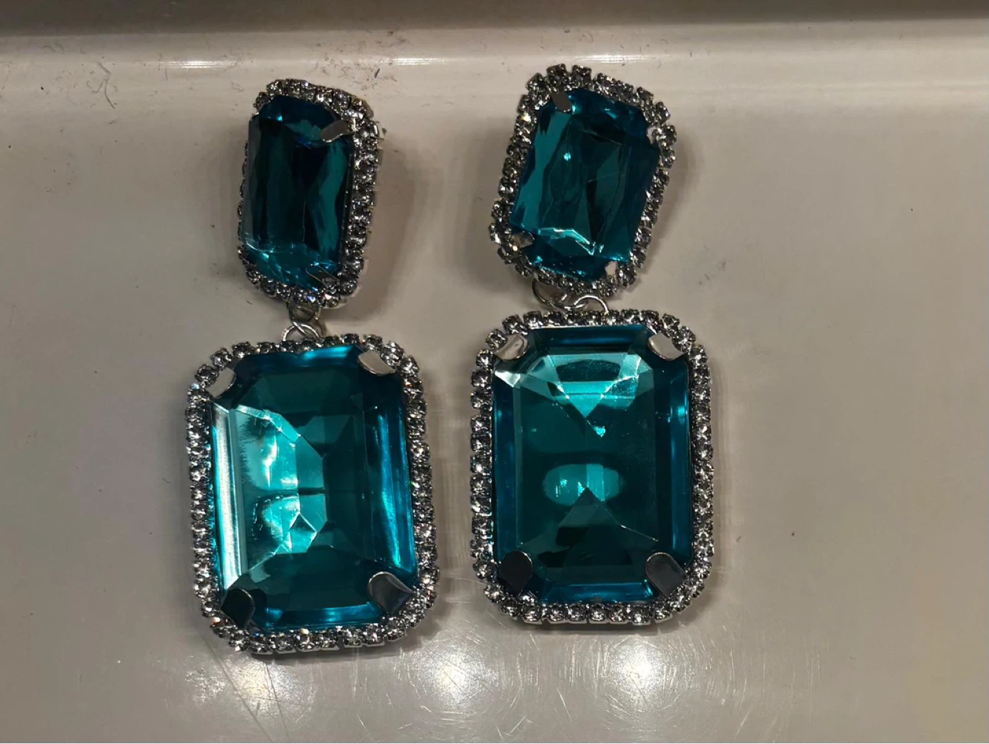 Teal Gem Drop Earrings with Rhinestone Accent