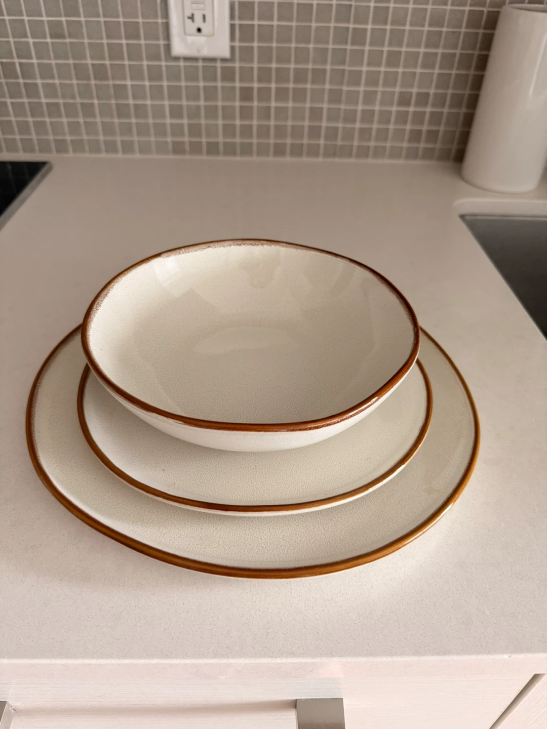 Ceramic Dinnerware Set of 6 each with Brown Rim