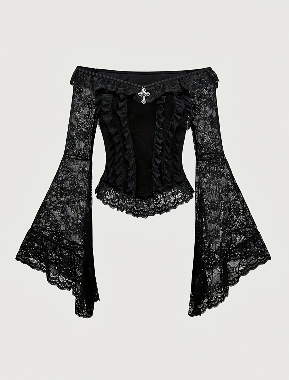 Black Off-the-Shoulder Lace Top with Bell Sleeves