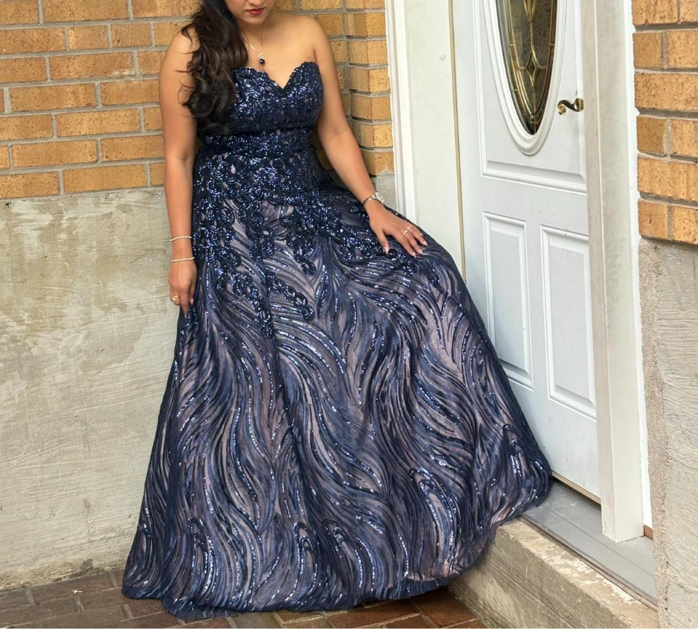 Navy Blue Sequin Strapless Gown