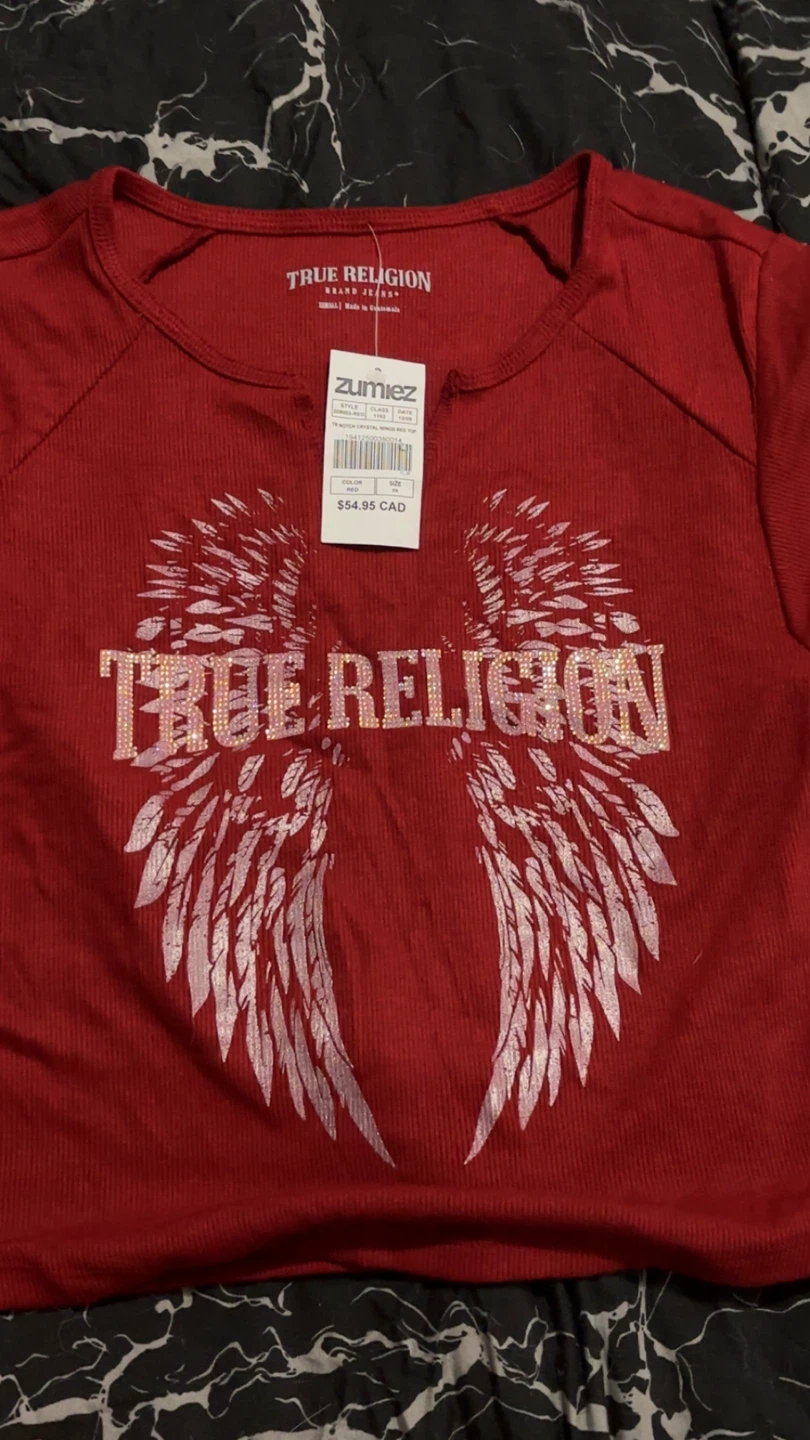 True Religion Red Ribbed T-Shirt with Wings Logo - Size XS