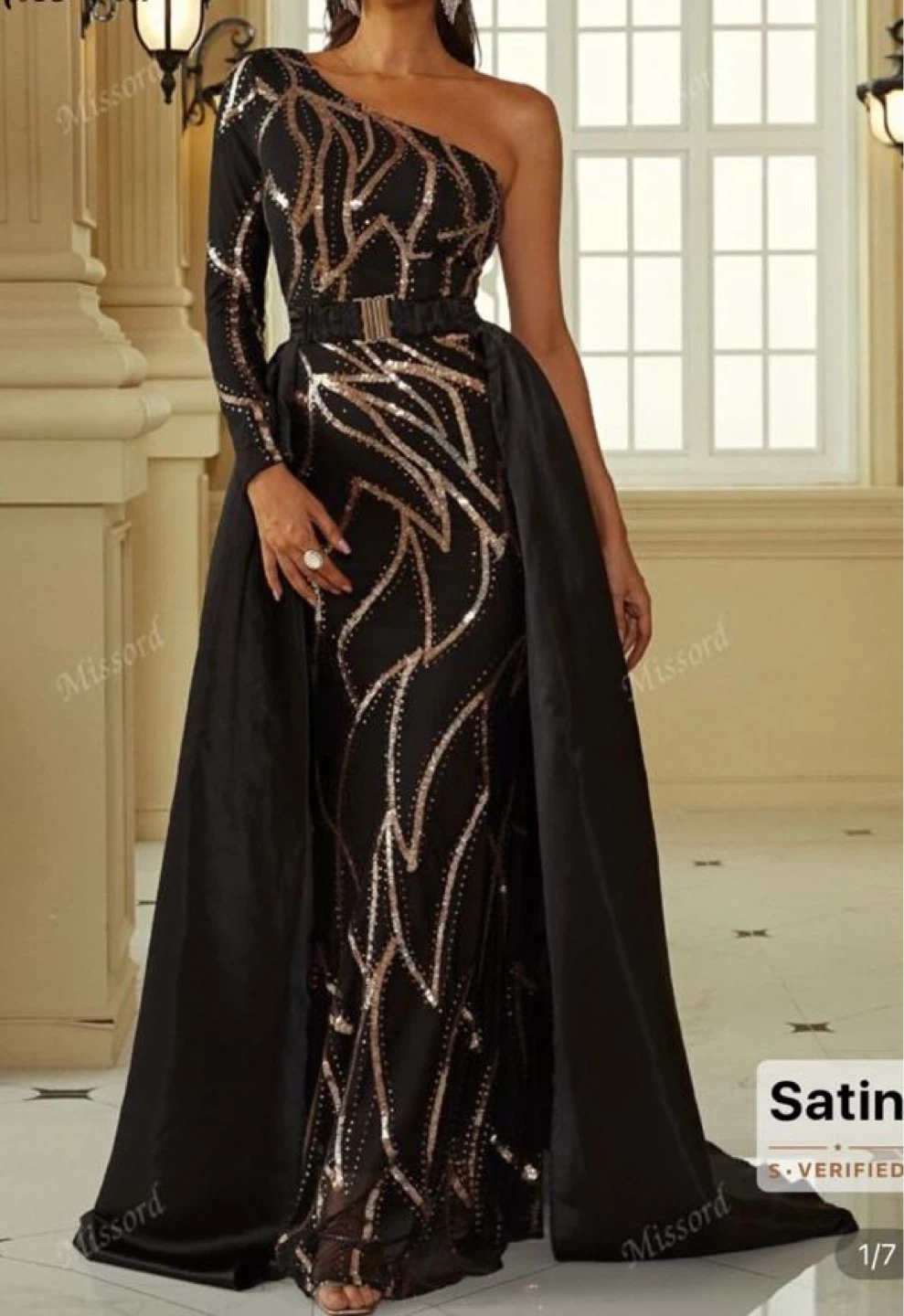 Black Sequin One-Shoulder Gown with Skirt