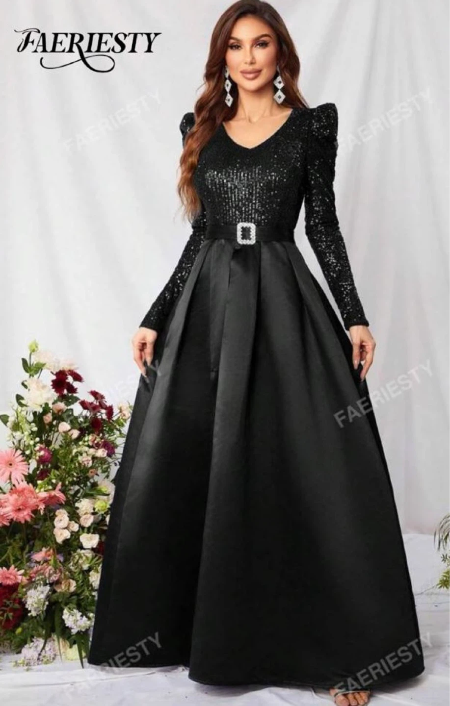 FAERIESTY Black Sequin Puff Sleeve Belted Maxi Dress