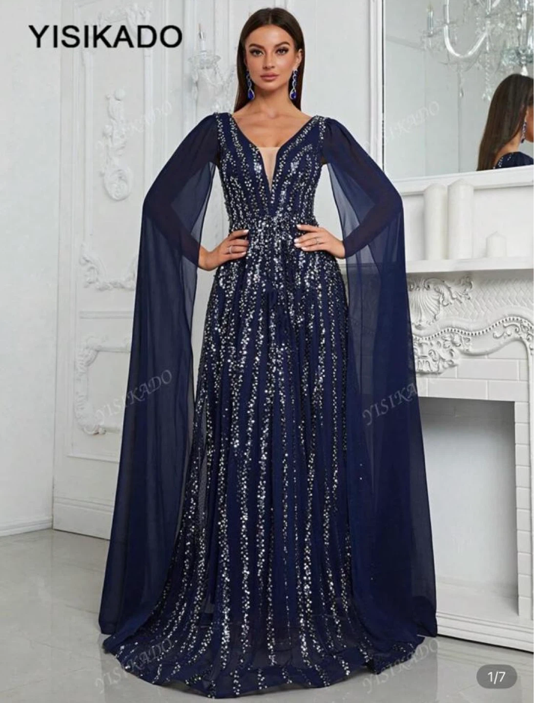 YISIKADO Navy Sequined Cape Gown