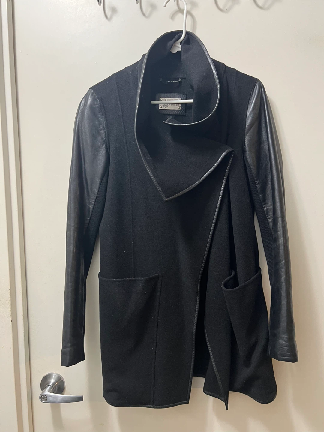Mackage black draped coat with leather sleeves XS