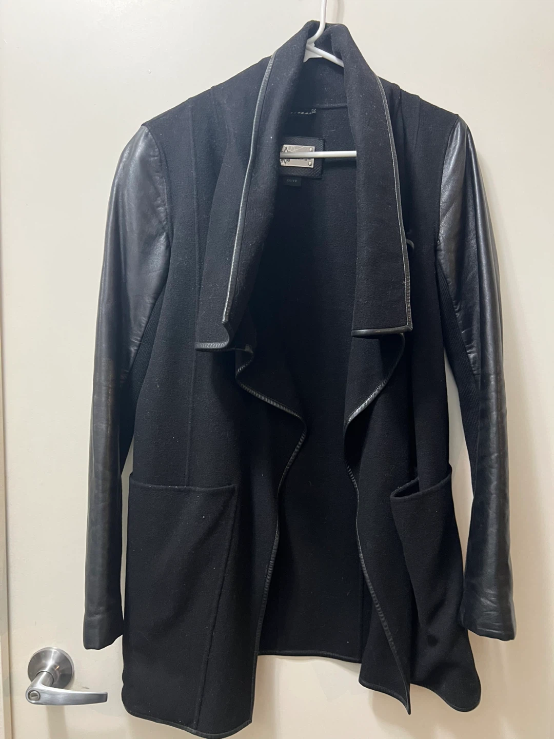 Mackage black draped coat with leather sleeves XS - photo 2