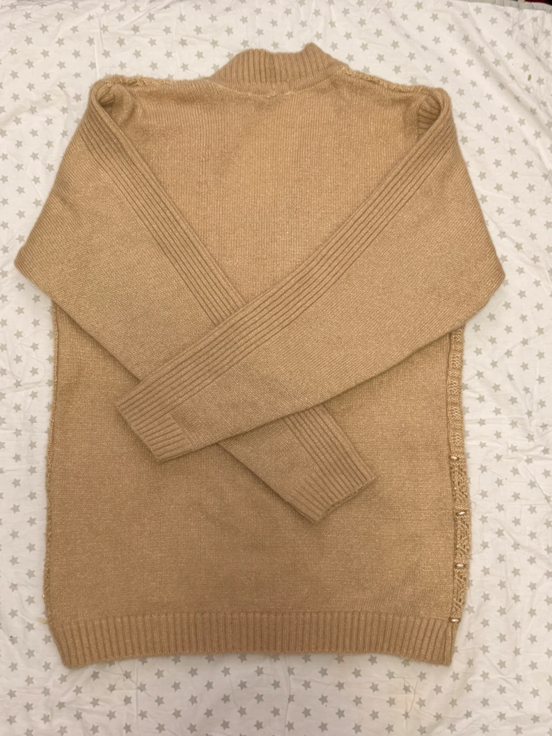 Tan Cable Knit Cardigan with Pearl and Rhinestone Embellishments - photo 2