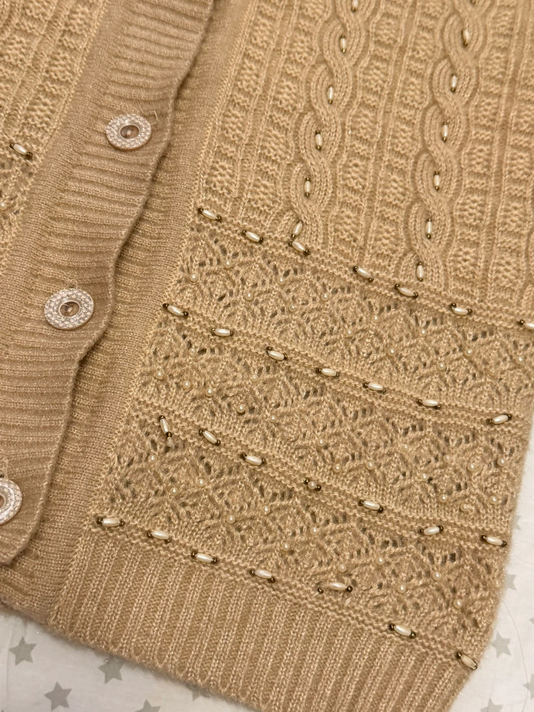 Tan Cable Knit Cardigan with Pearl and Rhinestone Embellishments - photo 3