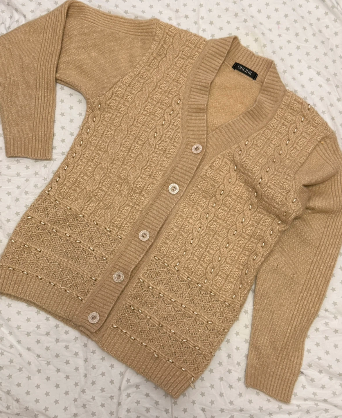 Tan Cable Knit Cardigan with Pearl and Rhinestone Embellishments
