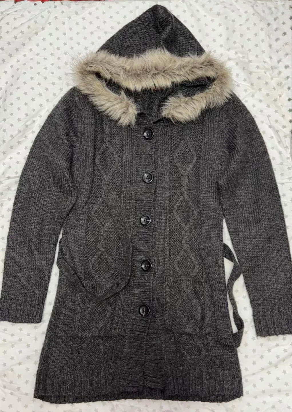 Grey Hooded Cardigan with Faux Fur Trim