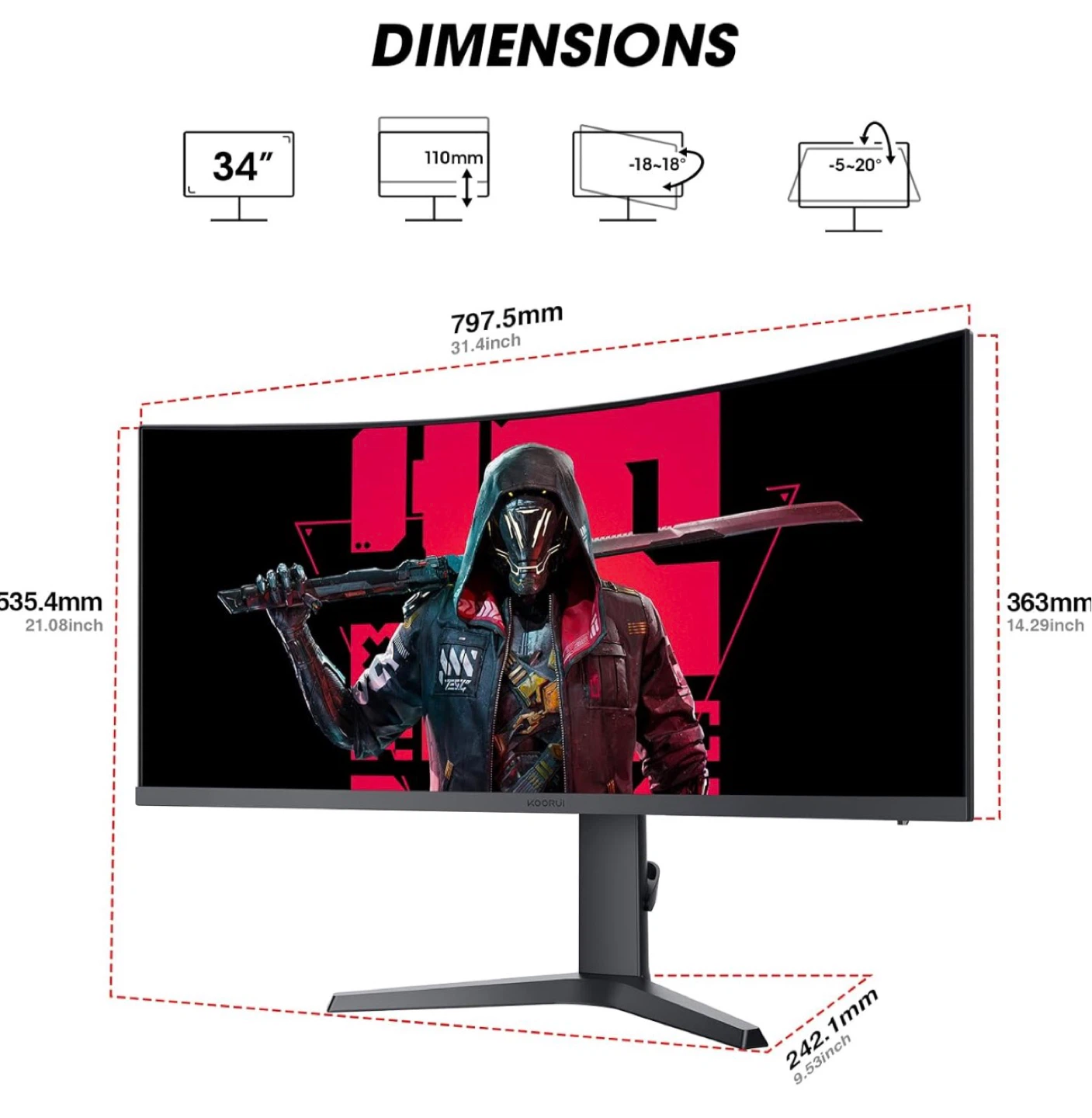 KOORUI 34" Ultrawide Curved WQHD Gaming Monitor - photo 4