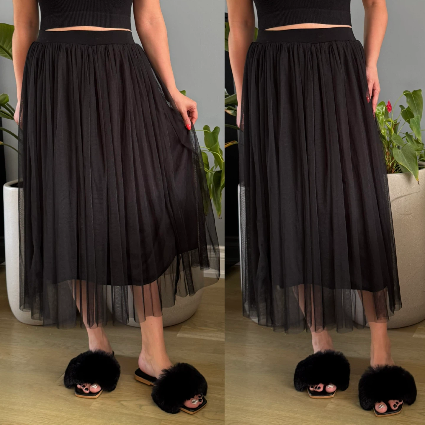 Black Faux Fur Slides - Women's Size 38(7.5)