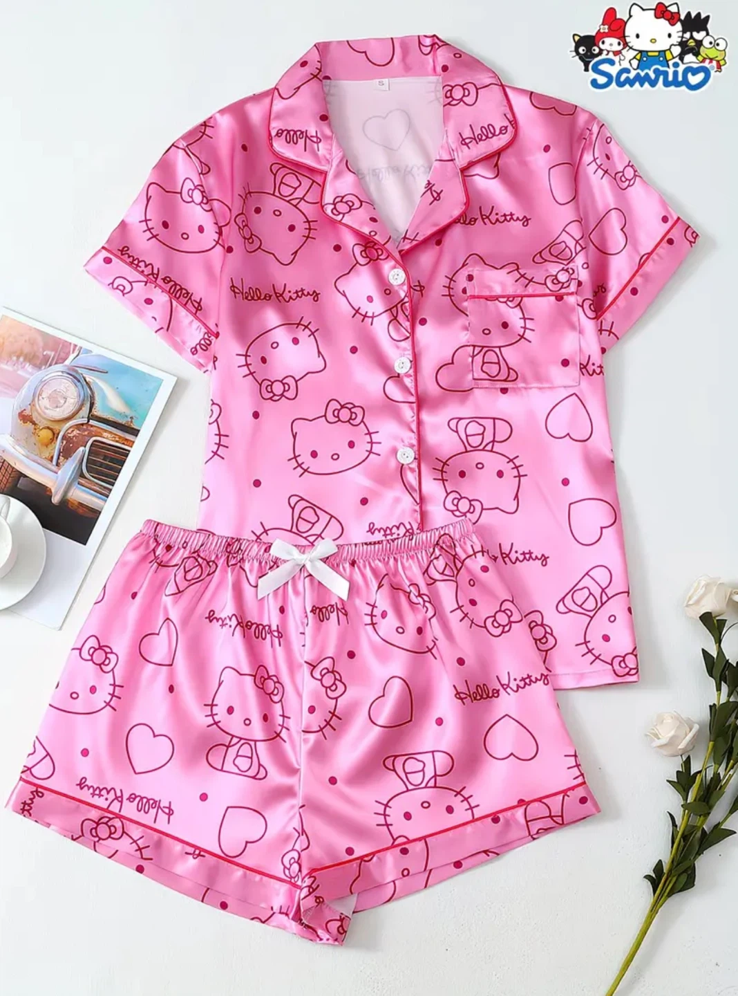 Hello Kitty Sanrio Pink Satin Pajama Set - Womens Size M