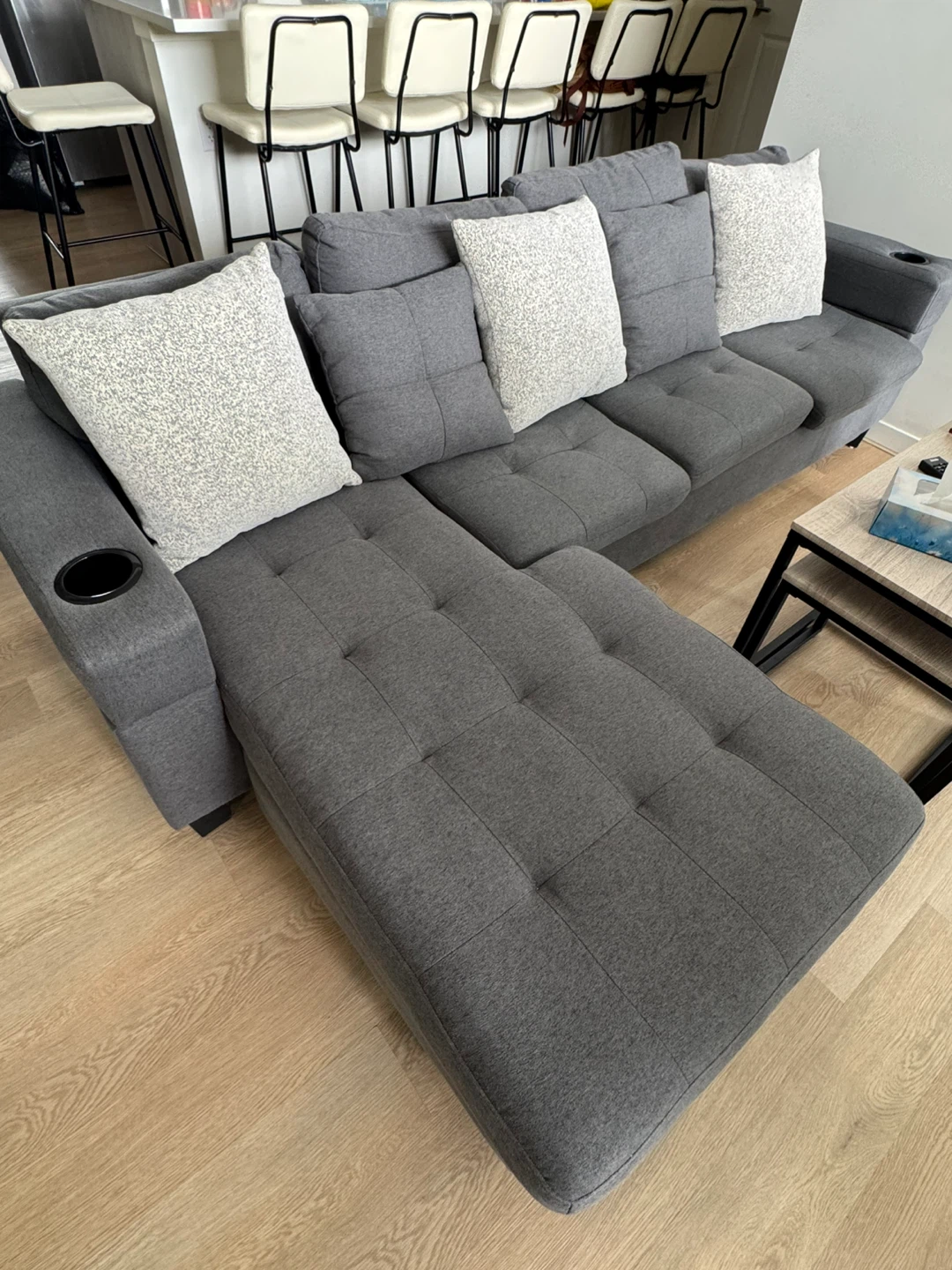 Grey Sectional Sofa with Chaise and Cup Holders