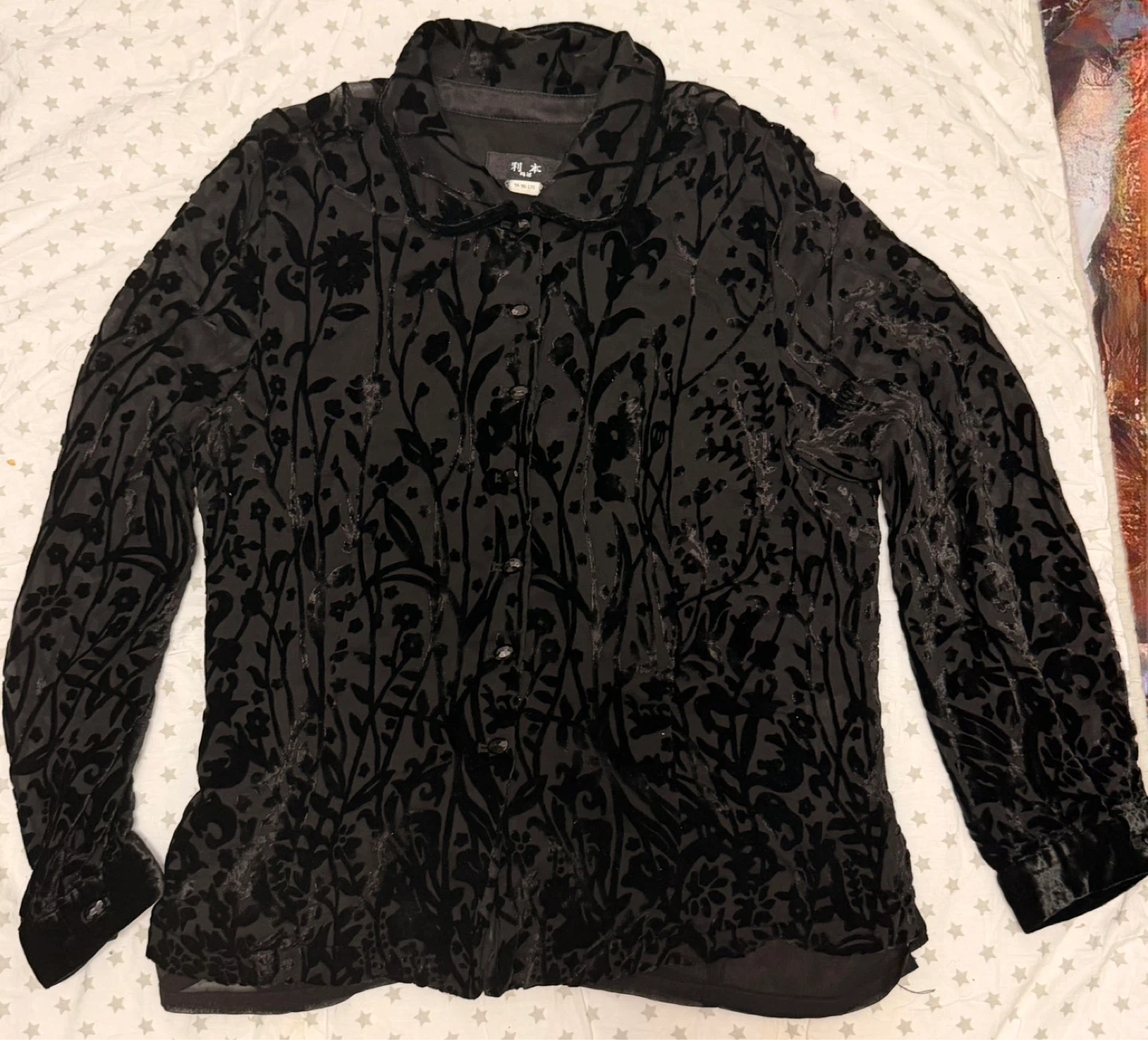 Black Burnout Velvet Floral Print Button-Up Blouse