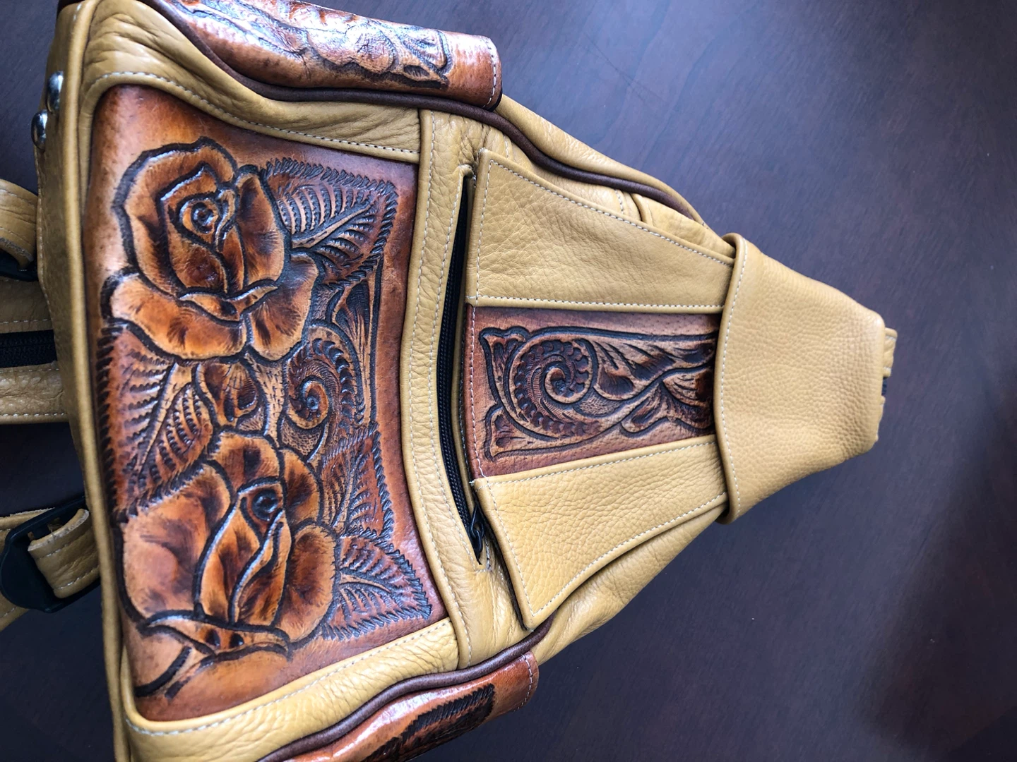 Tooled Leather Rose Backpack Purse