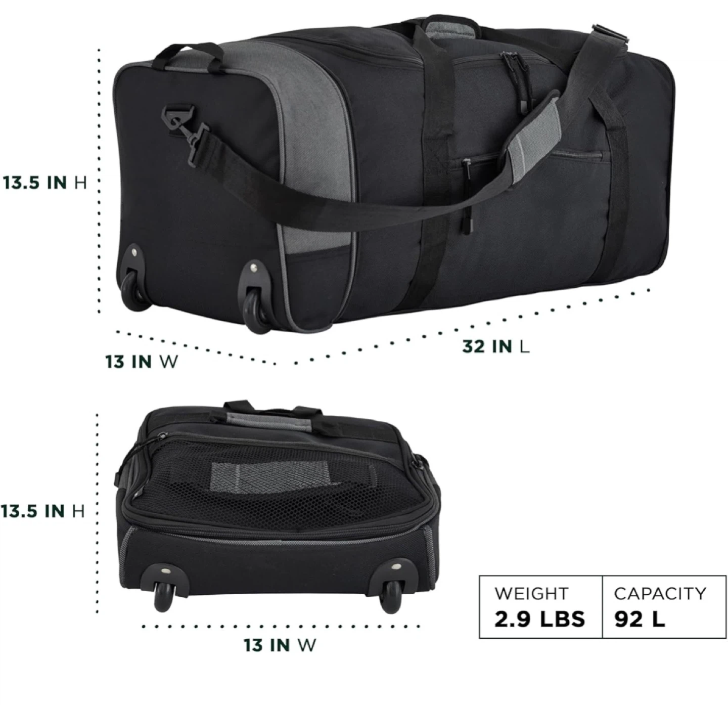 Black Rolling Duffle Bag 92L Capacity - photo 4