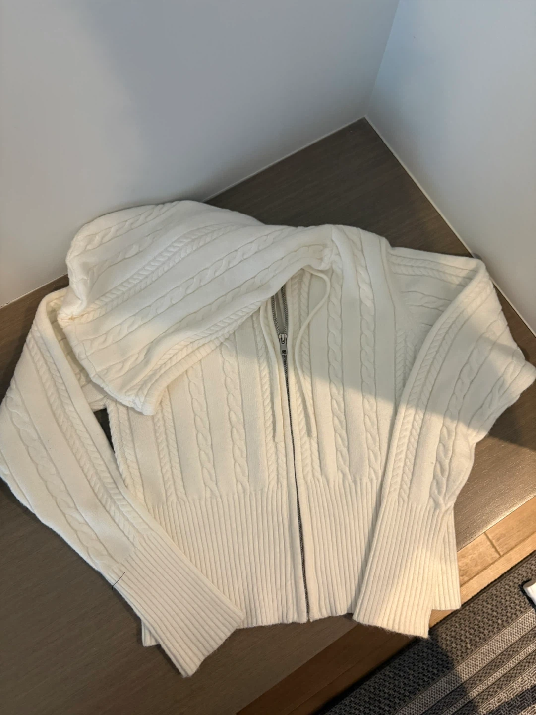 White Cable Knit Zip-Up Hoodie