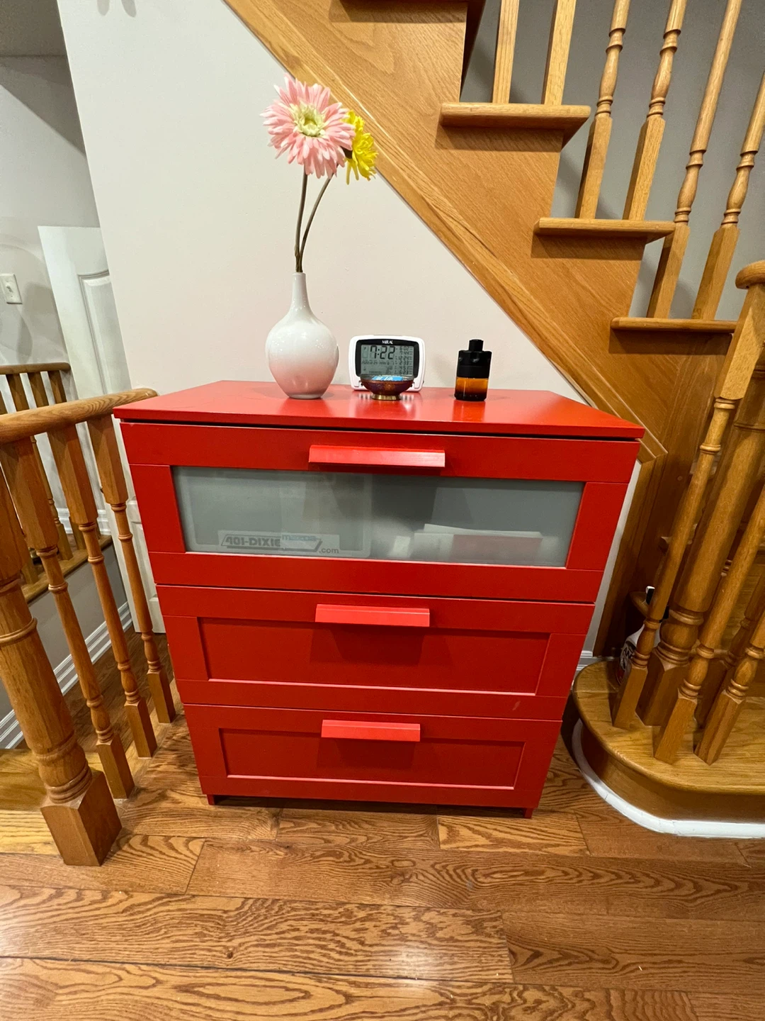 Red 3-Drawer Chest with Frosted Glass Top
