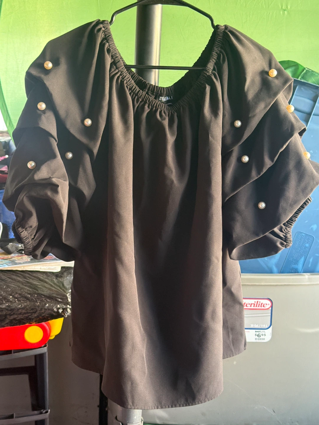 Black Off-the-Shoulder Pearl Embellished Top