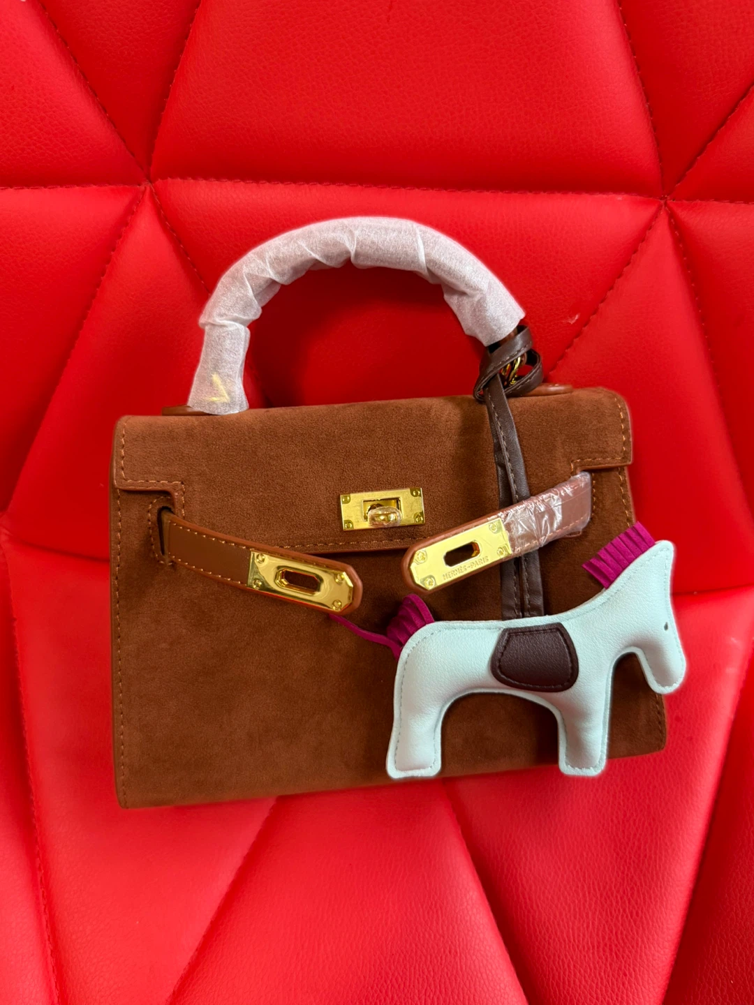 Brown Suede Handbag with Charm and Twilly