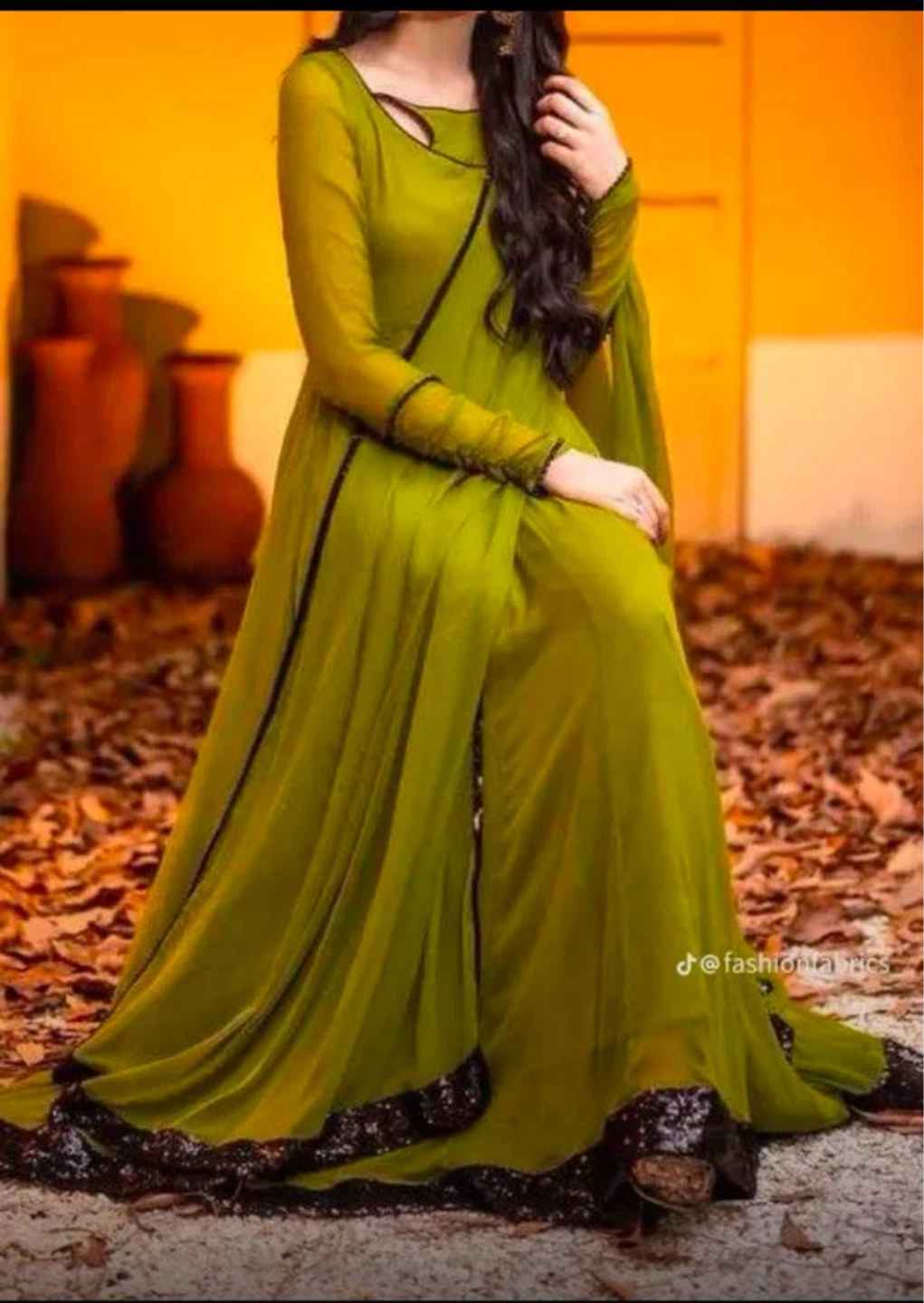 Lime Green Anarkali Dress with Black Embellishment