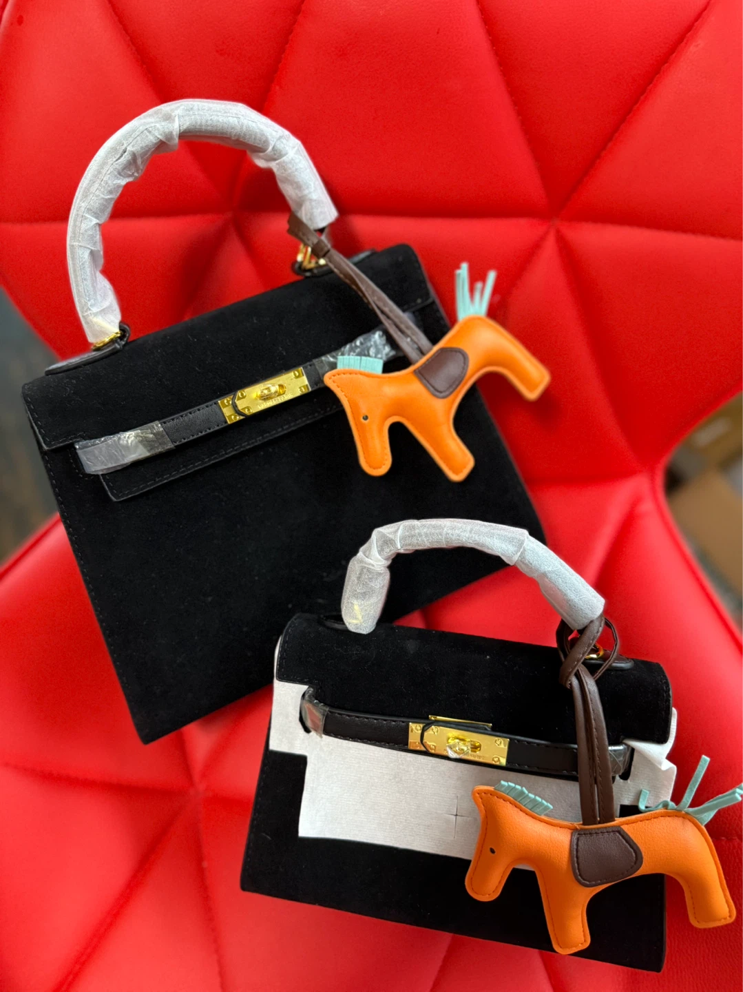 Black Suede Handbag with Charm and Twilly