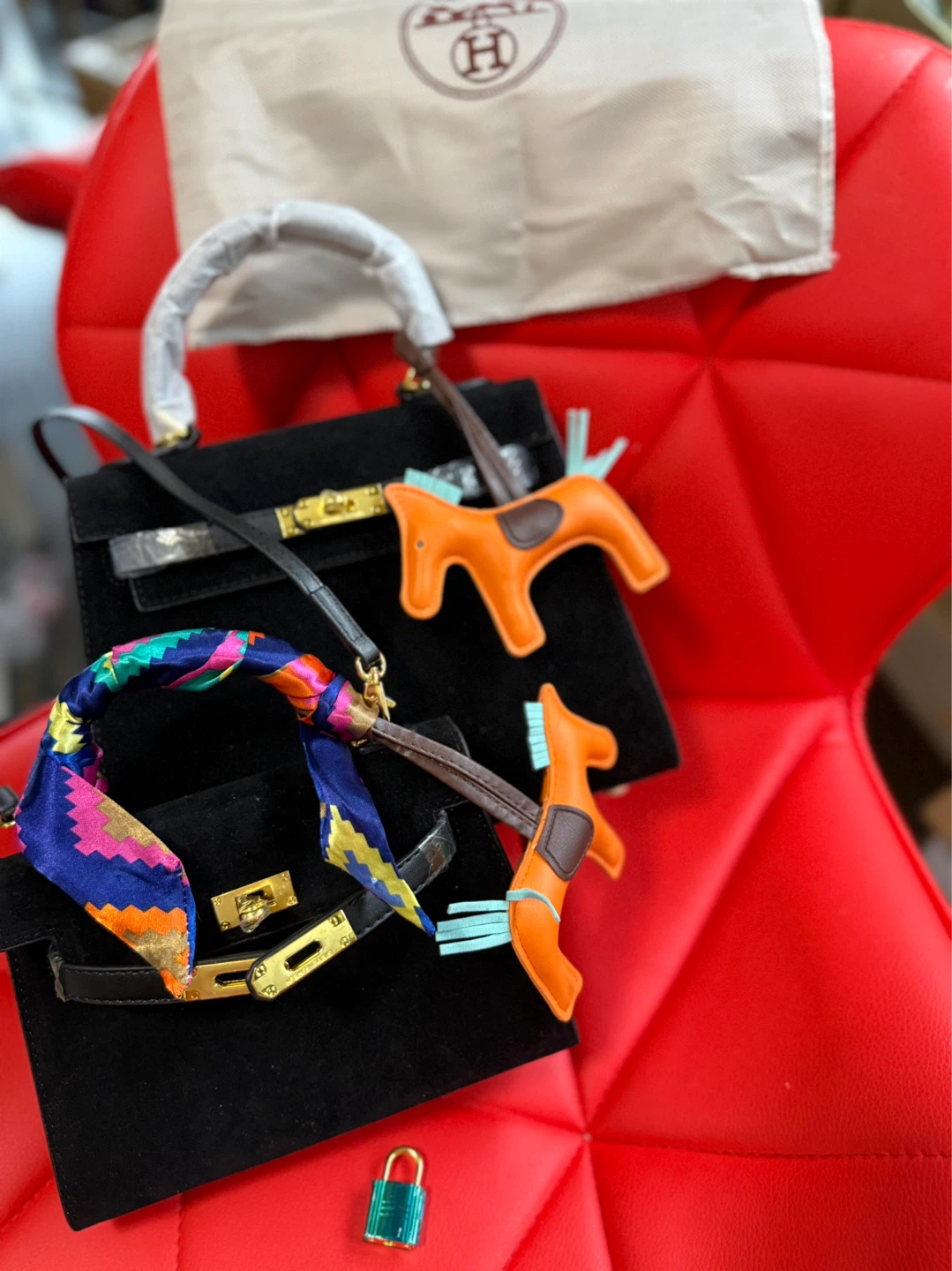 Black Suede Handbag with Charm and Twilly - photo 2