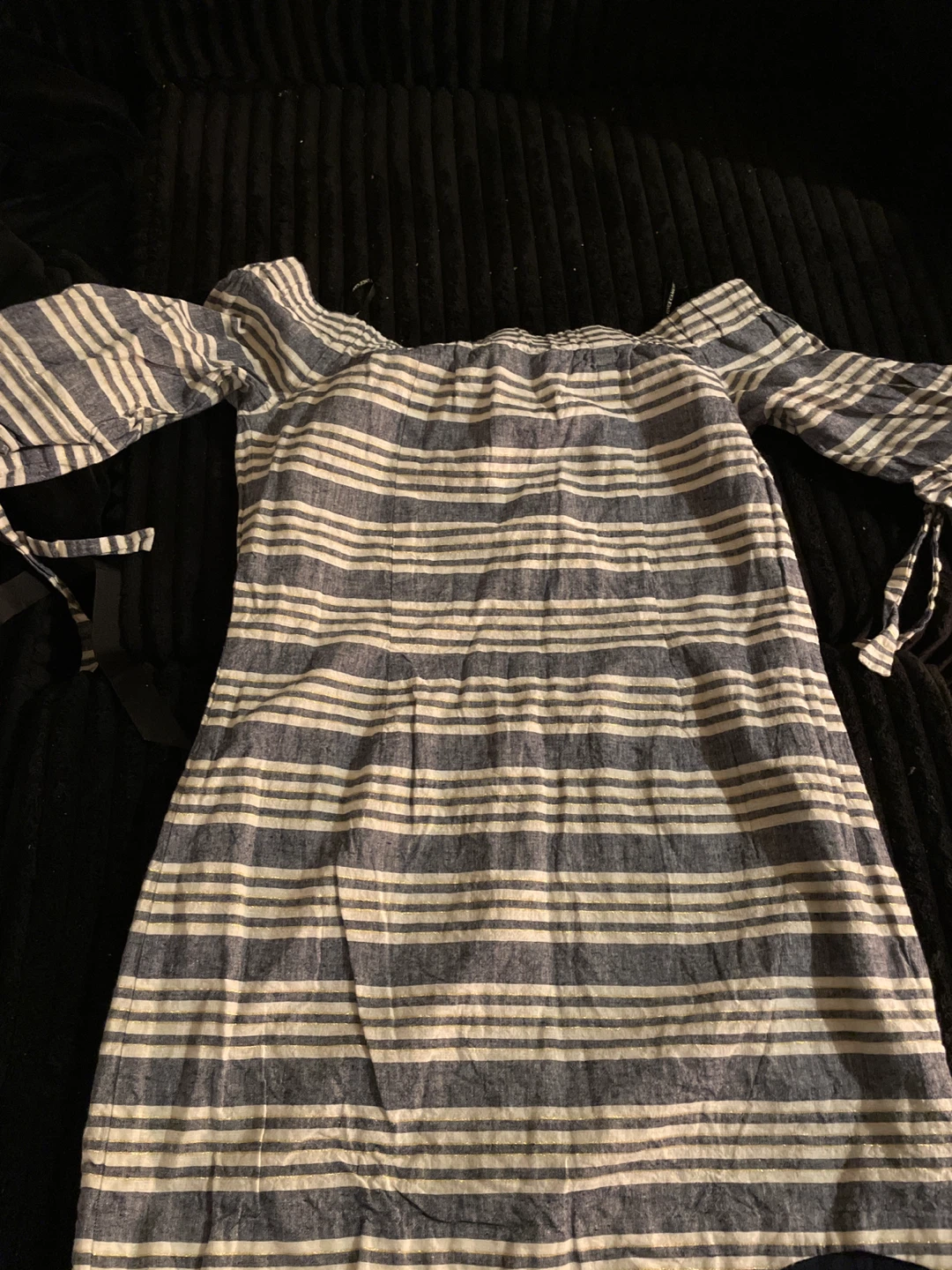 Off-the-shoulder striped dress with tie sleeves